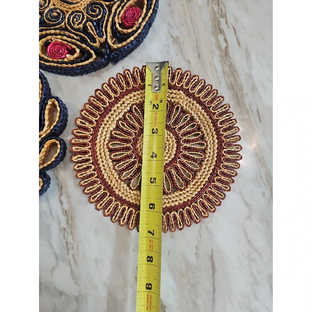 3 Vintage 60's Pot Holder Boho Woven Rattan Wicker Straw Trivet Hot Pads